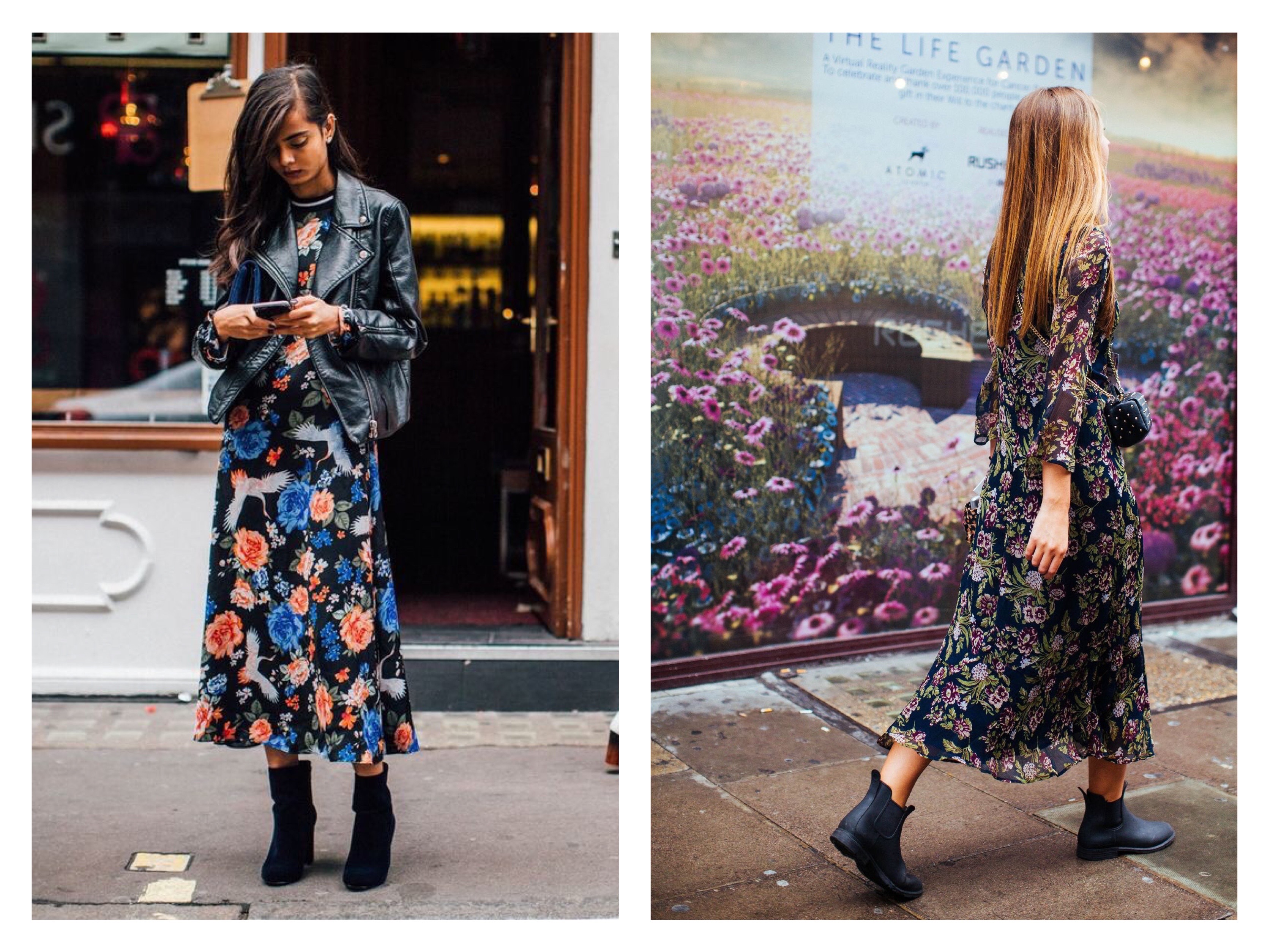 floral midi dress with sleeves leather jacket chunky boots