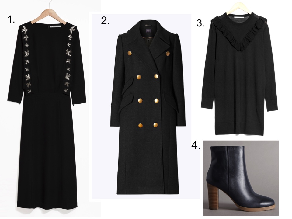 long black dress black ruffle dress ankle boots military coat