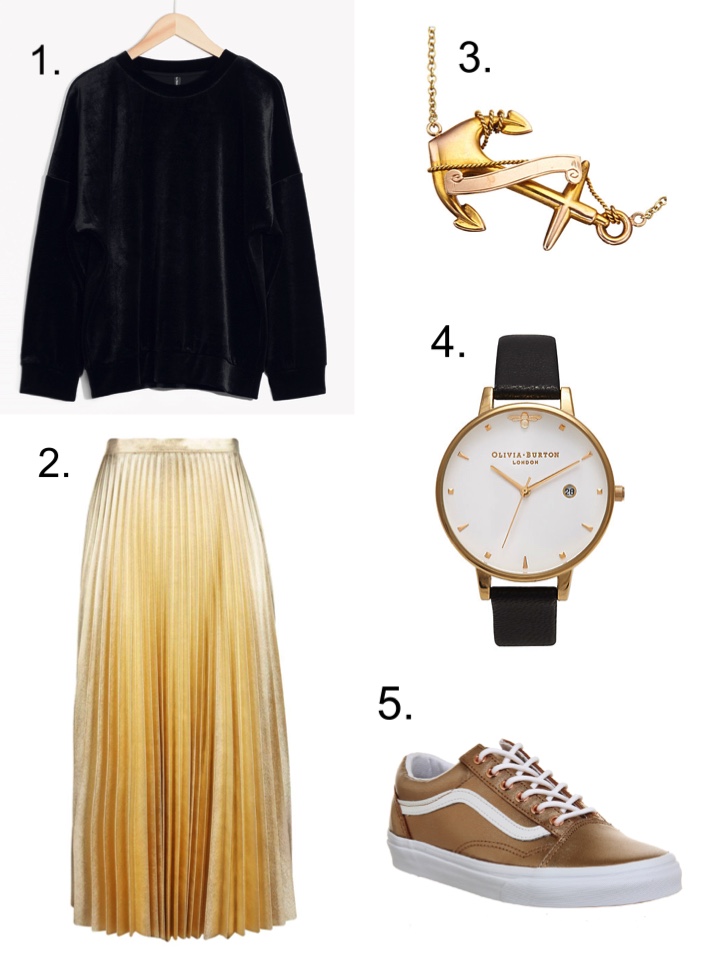 Gold Skirt, Velvet Sweatshirt, Aninna Vogel Necklace, Olivia Burton Watch 