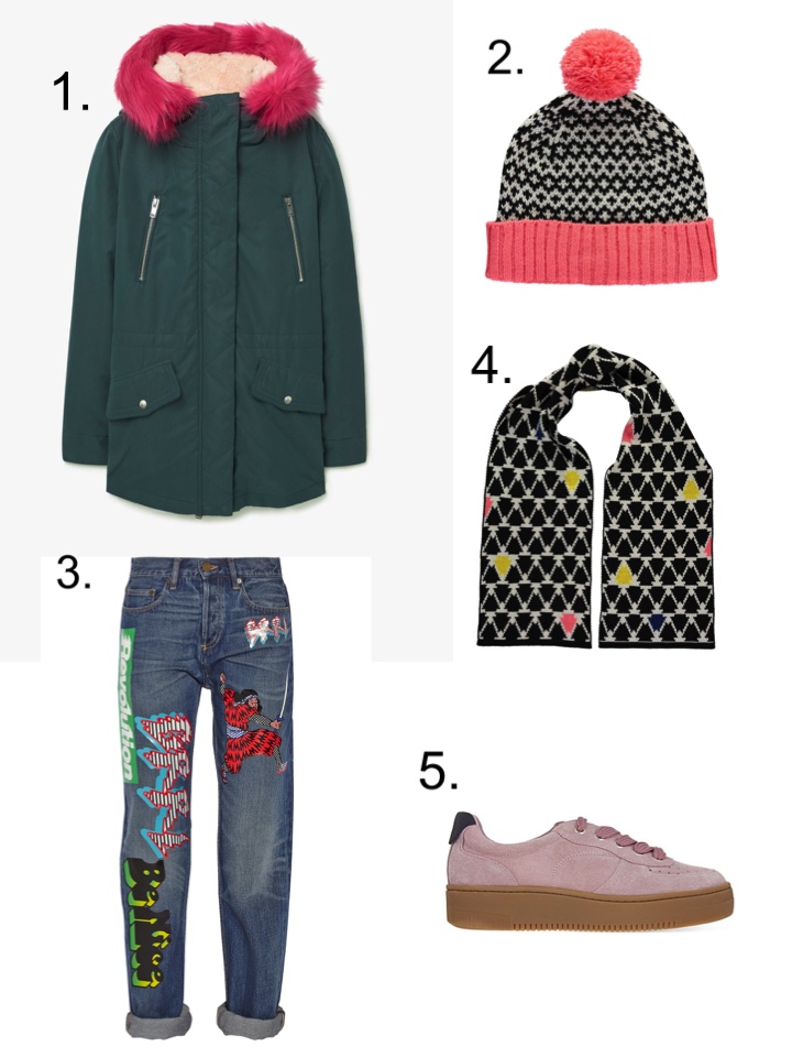 cold weather dressing, miss pom pom scarf and hat, flatfrom trainers, marc jacobs jeans, bright parka 