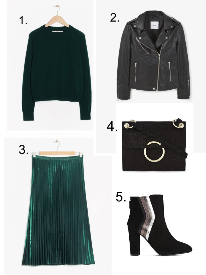 Green Pleated Skirt, Black Leather Jacket, 