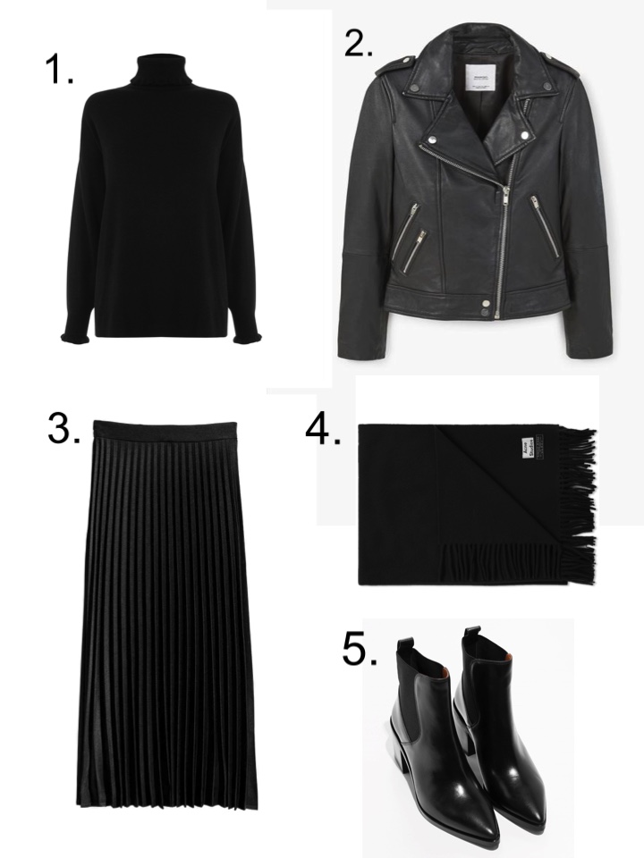 acne Canada scarf, Mango leather jacket, Black pleated Skirt, Black Polo neck, &Other Stories boots 