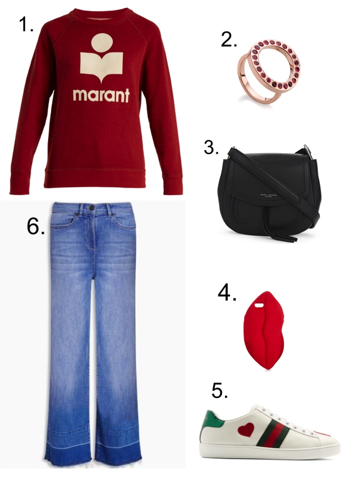 Isabel Marant Red Sweatshirt, Gucci Trainers , Marc Jacobs Black Leather Bag 