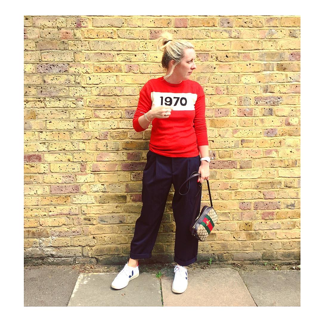 Topshop Mensy Trousers worn with Bella Freud jumper, Gucci bag and Veja Trainers 