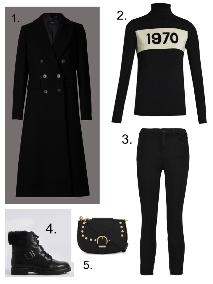 Black wool coat, bella freud 1970 jumper, marc jacobs leather bag 