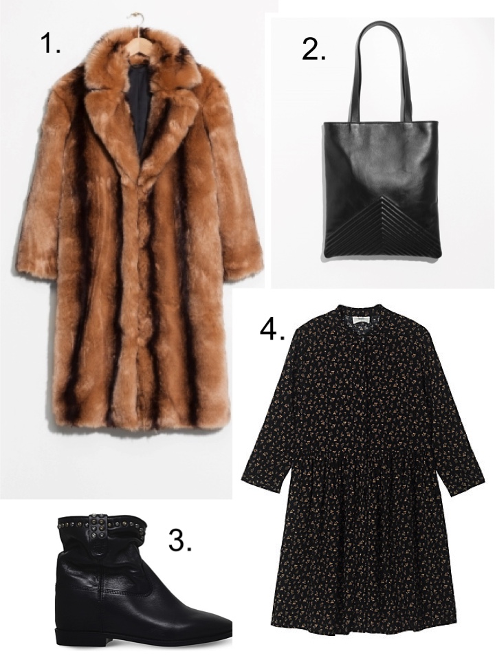 and other stories faux fur coat, hush floral dress, Isabel marant boots 