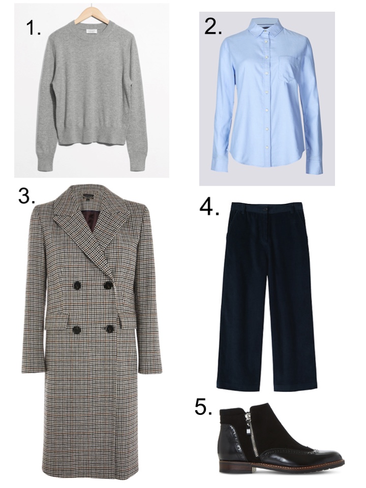 Top Shop Checked overcoat, Toast blue cord trousers 