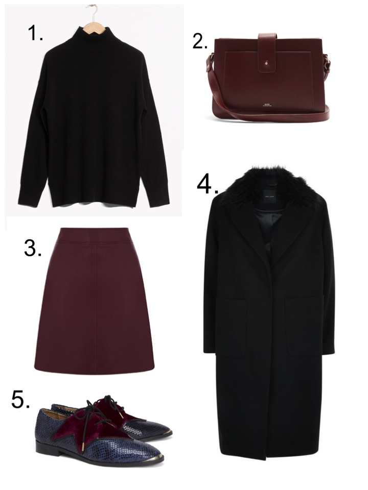 maroon skirt, apc bag, black polo neck 
