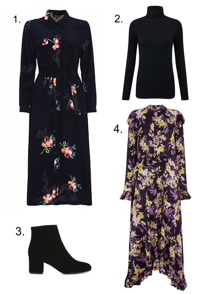 French Connection Midi Dress, Warehouse floral dress, Black Roll neck 