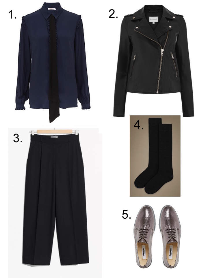 Cropped Trousers Other Stories, Finery shirt, Warehouse black leather biker jacket M&S Socks
