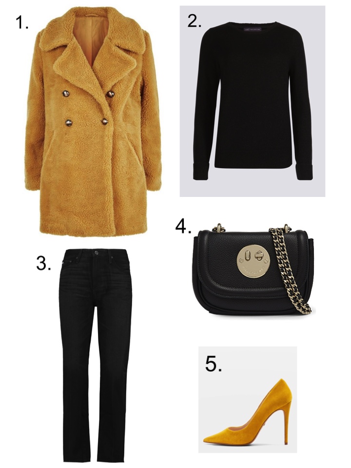 mustard faux fur coat, hill and friends bag, AG black Jeans 