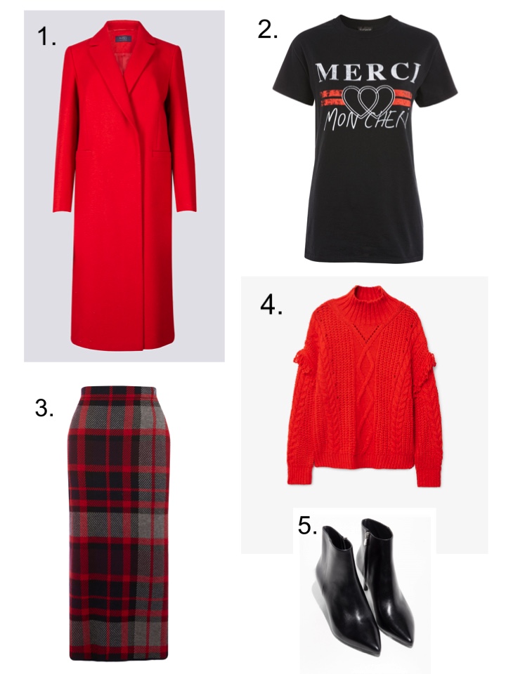 M&S Red Coat, warehouse checked skirt, mango red jumper 
