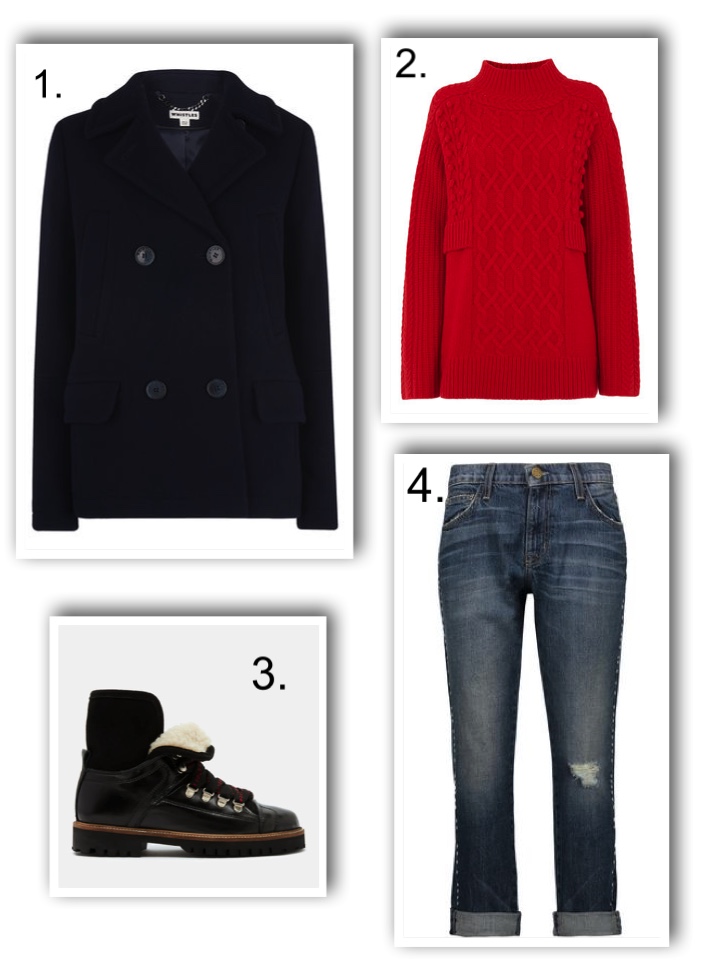 chunky boots, whistles pea coat, red jumper