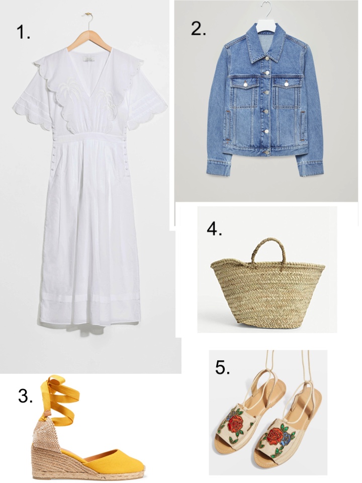 white dress and other stories denim jacket basket bag 