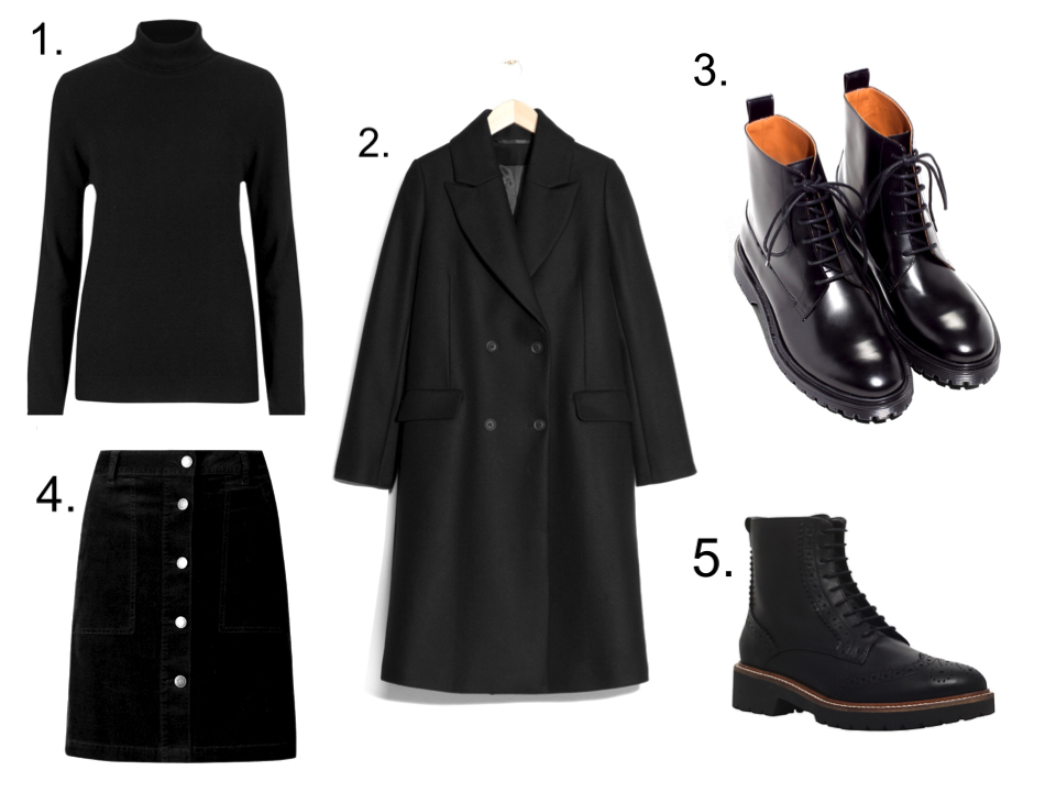 black polo neck black coat black boots black button mini skirt