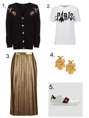 gold pleated Skirt, Embroidered Cardigan, Gucci Trainers, Alex Monroe Bee Earrings