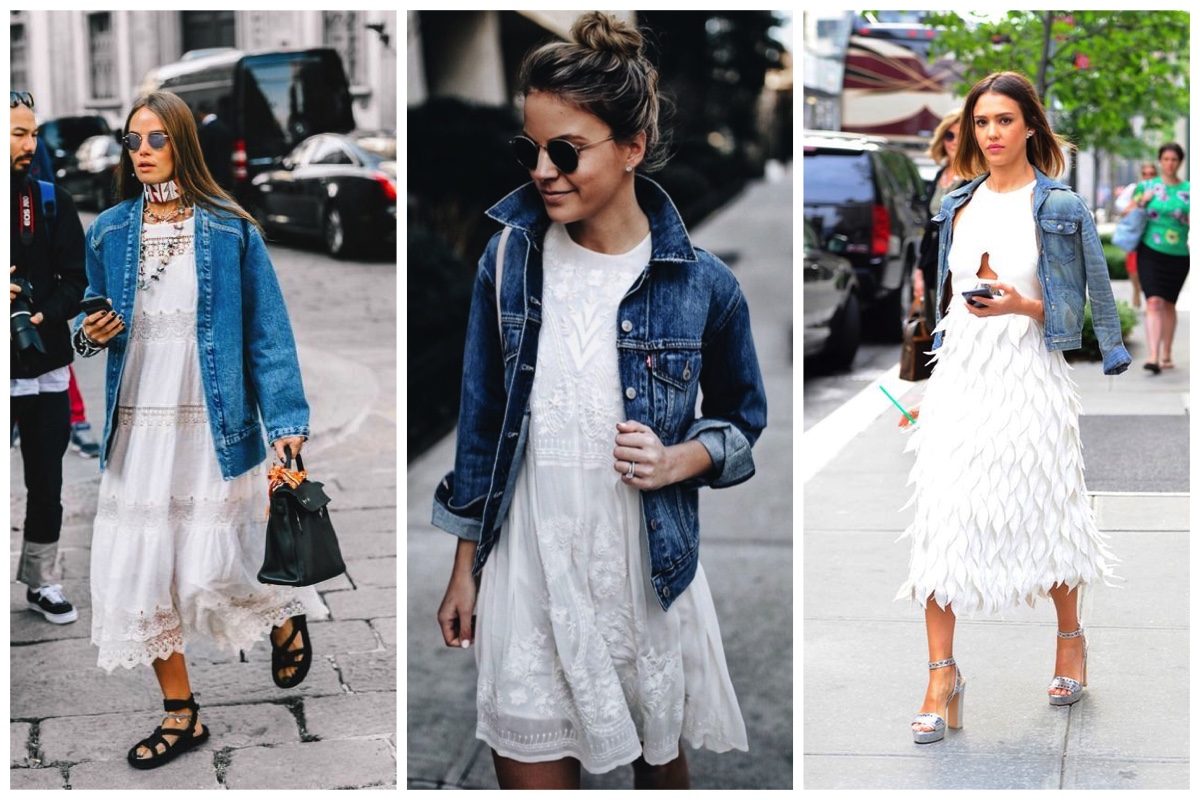 denim and white dress