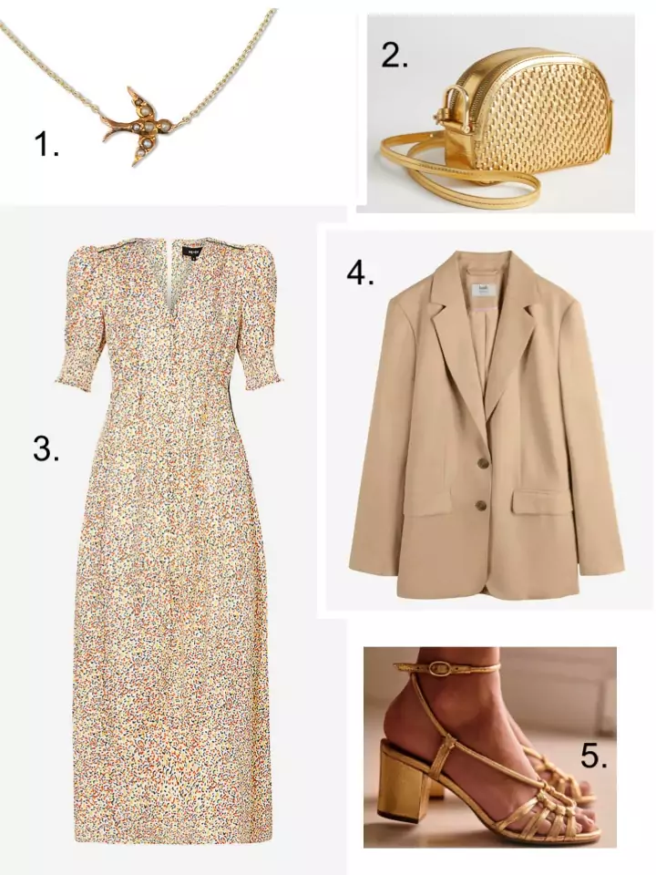 summer jackets blazer, me and em dress, gold handbag 
