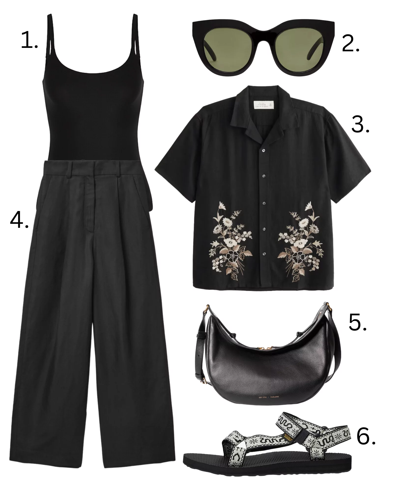 black summer outfit. embroidered shirt, vest top, teva sandals 