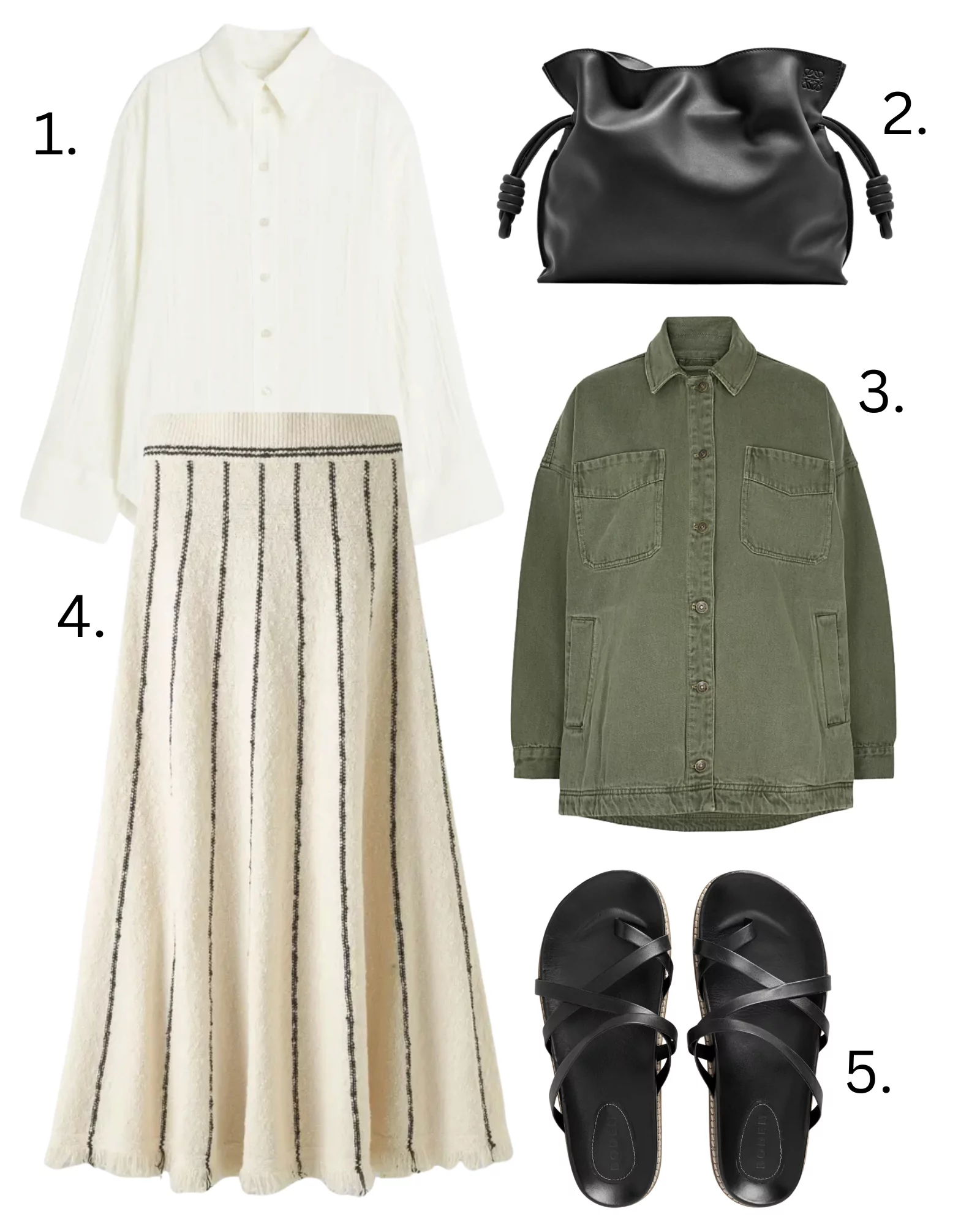 white shirt, cream skirt, khaki jacket, black sandals 